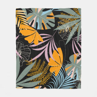 Cobertor De Velo Folhas Tropicais: Impressão de Vintage Escuro.