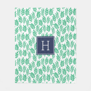 Cobertor De Velo Folhas Verdes e Monograma Azul