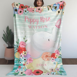 Cobertor De Velo Folheto de Elefante com Flores + Nome Personalizad