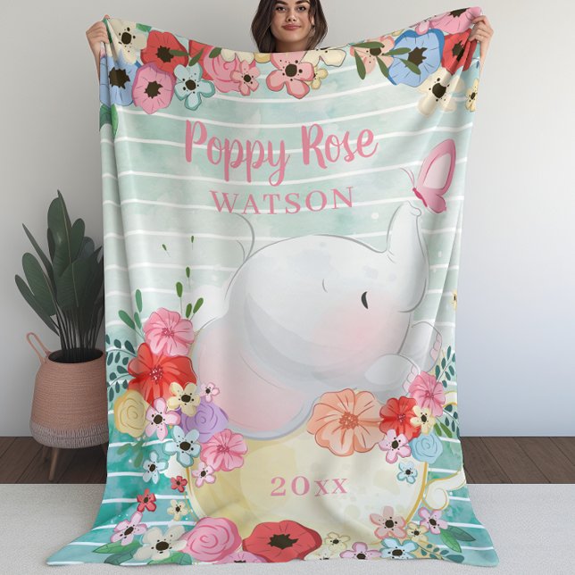 Cobertor De Velo Folheto de Elefante com Flores + Nome Personalizad (Elephant Blanket with Flowers + Custom Name (L))
