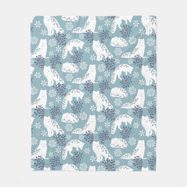 Cobertor De Velo Folk Art Artic Fox in the Snow with Holly (Frente)