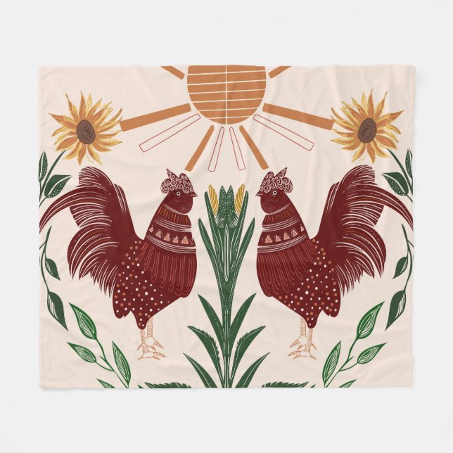 Cobertor De Velo Folk Art Rooster Sunshine Design Simétrico (Frente (Horizontal))