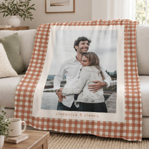 Cobertor De Velo Foto de Casal em Xadrez de Terracota Personalizada