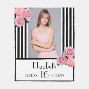 Cobertor De Velo Foto floral rosa cor-de-rosa doce 16 listras preta