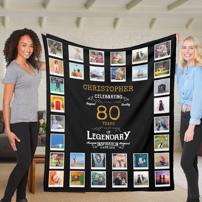 Cobertor De Velo Foto lendária Dourada de 80 Birthday Black (Personalized 80th birthday gift fleece blanket with 32 photos of your choice)