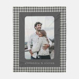 Cobertor De Velo Foto personalizada, Xadrez de Gingham Preto e Cinz