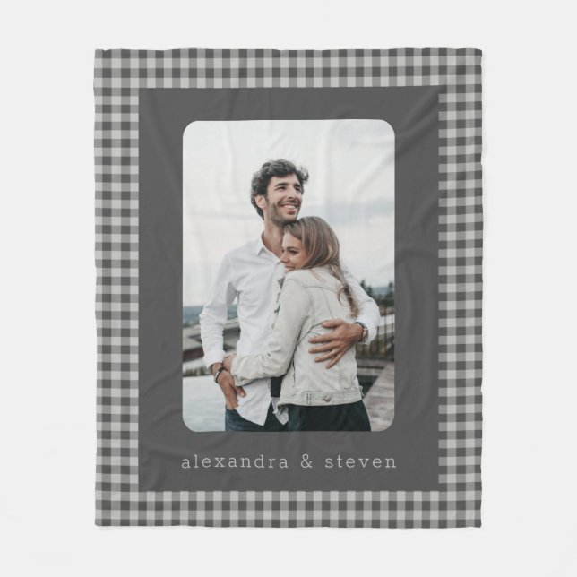 Cobertor De Velo Foto personalizada, Xadrez de Gingham Preto e Cinz (Frente)