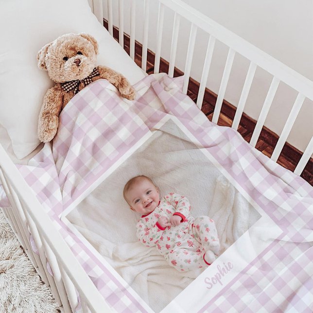Cobertor De Velo Foto Xadrez Rosa Peônia  (Pink Gingham Check baby photo blanket)