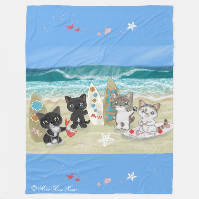 Cobertor De Velo Four Surfing cats on the beach (Frente)
