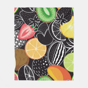 Cobertor De Velo Frutas tropicais coloridas, fundo preto.