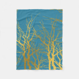 Cobertor De Velo Fundo Azul Padrão de Ramificações de Árvore Dourad