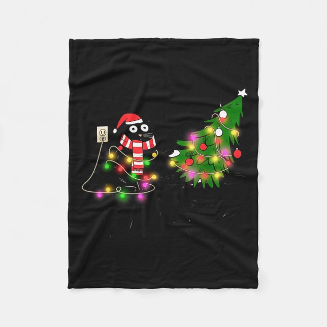 Cobertor De Velo Funny Black Cat Gift Pushing Christmas Tree Over C (Frente)