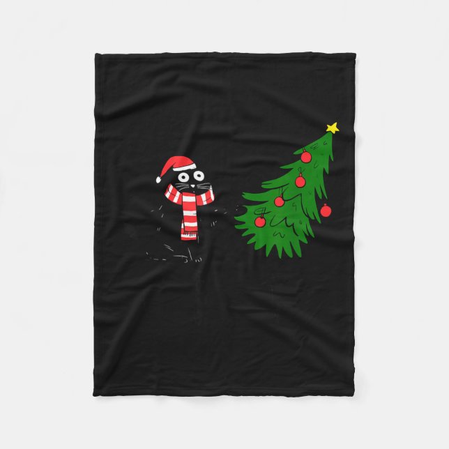 Cobertor De Velo Funny Black Cat Gift Pushing Christmas Tree Over C (Frente)