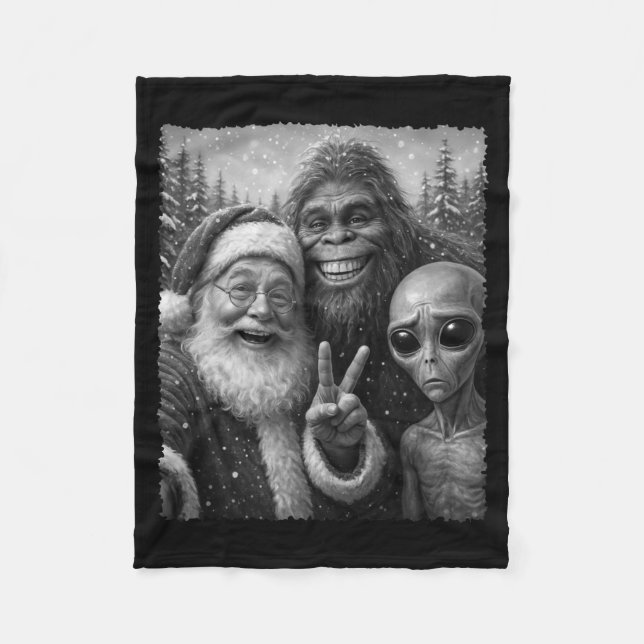 Cobertor De Velo Funny Cat Santa Bigfoot Alien Christmas Selfie Tee (Frente)