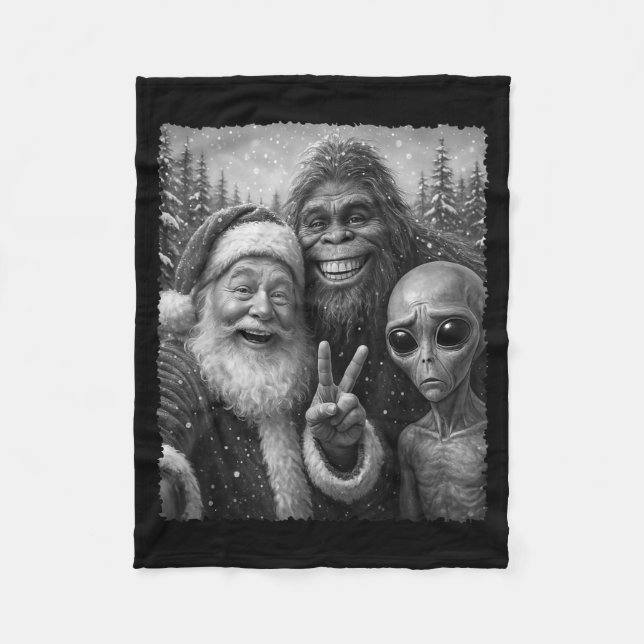 Cobertor De Velo Funny Cat Santa Bigfoot Alien Christmas Selfie Tee (Frente)