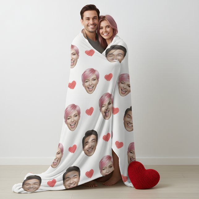 Cobertor De Velo Funny Custom Couple Faces Pattern Red Hearts (Criador carregado)