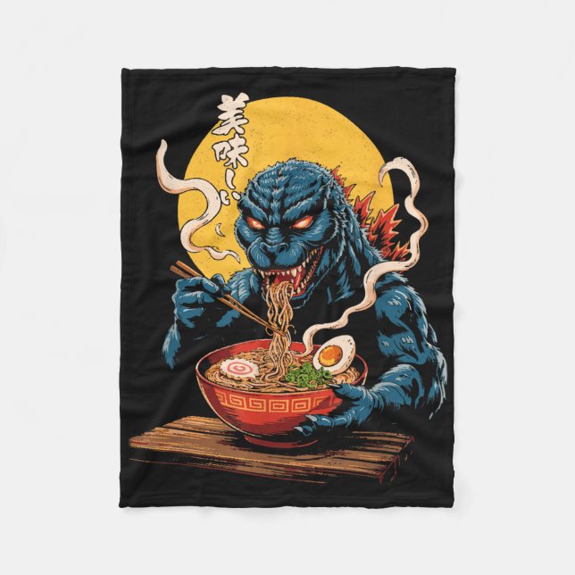 Cobertor De Velo Funny Kaiju Comendo Ramen Monstro Japonês Bi (Frente)