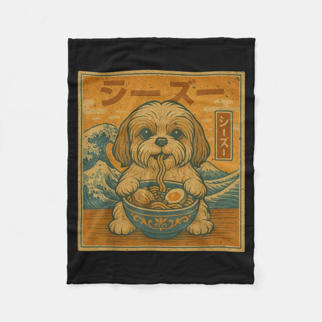 Cobertor De Velo Funny Kawaii Ramen Japanese Noodles Shih Tzu Eatin (Frente)