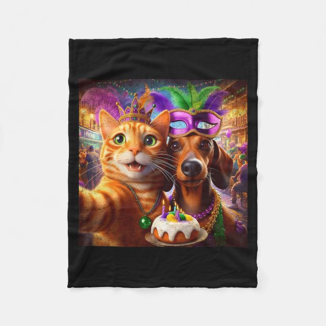 Cobertor De Velo Funny Mardi Gras Cat Dachshund Selfie Squad  (Frente)