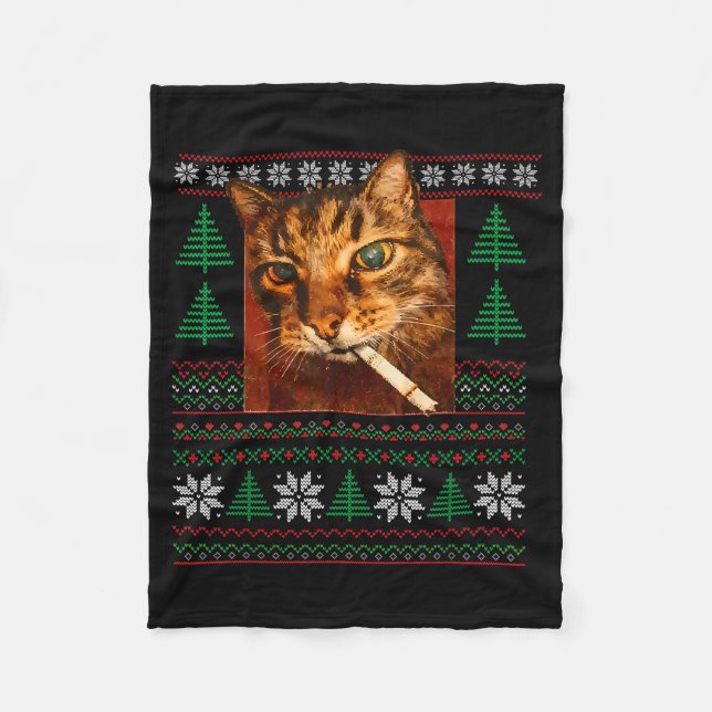 Cobertor De Velo Funny Smoking Cat Meme Christmas Ugly  (Frente)