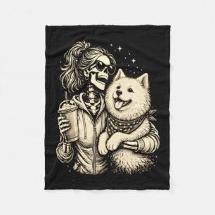 Cobertor De Velo Garota Esqueleto Abraçando Samoyed Café Fofo Gótic