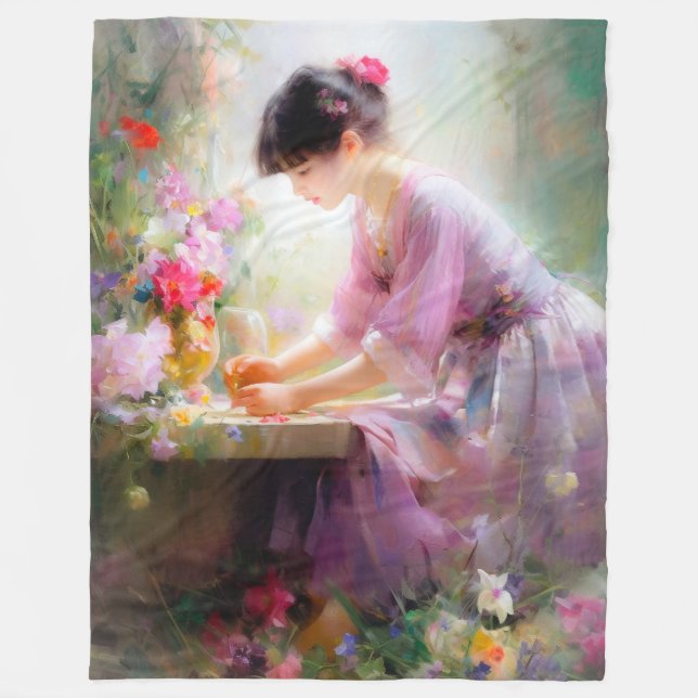 Cobertor De Velo Garota no Jardim Flor (Frente)