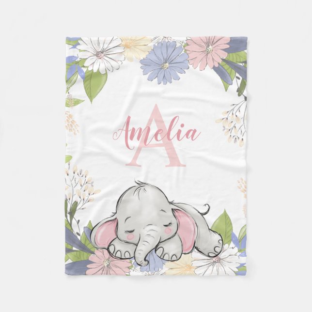 Cobertor De Velo Garota Personalizada Floral de Elefante (Frente)
