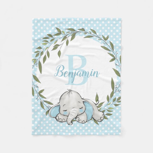Cobertor De Velo Garoto Personalizado de Elefante Azul Verde (Frente)
