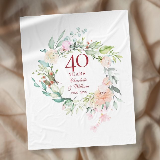 Cobertor De Velo Garra de Flores do 40º Aniversário de Casamento Ru (40th Ruby Wedding Anniversary Floral Garland Fleece Blanket)