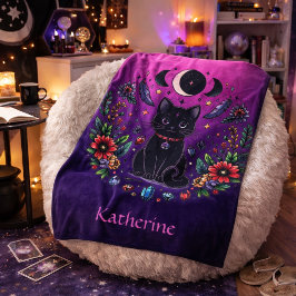 Cobertor De Velo Gata Preta Celestial Mística Roxo Rosa