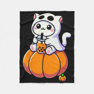 Cobertor De Velo Gato Bonito De Halloween No Fantasma Bebendo Boba