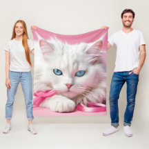 Gato Branco com Fitas Rosa
