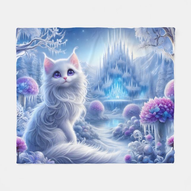 Cobertor De Velo Gato Branco Elegante em um Realm Mágico de Neve (Frente (Horizontal))