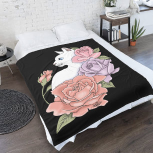 Cobertor De Velo Gato Branco Floral Pastel Botânico Romântico Preto