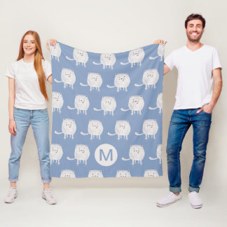 Cobertor De Velo Gato Branco Saltitante Fofo Padrão Monograma Azul