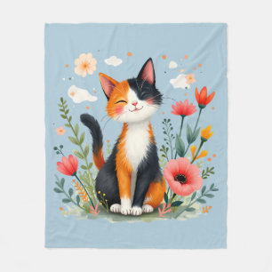 Cobertor De Velo Gato Calico Sorridente no Jardim Florido