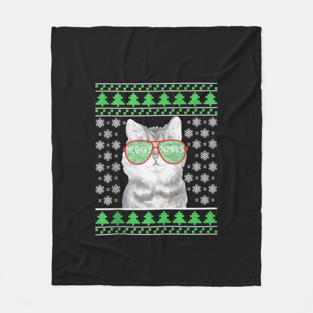 Cobertor De Velo Gato com óculos de sol Suéter de Natal Feliz (Frente)