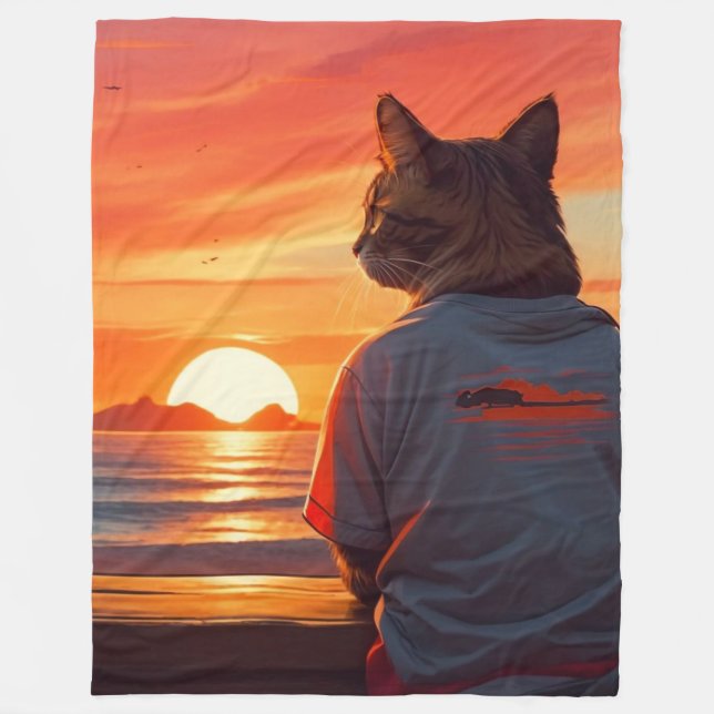 Cobertor De Velo "Gato Contemplativo no Sunset: Arte Whimsical em P (Frente)