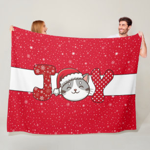 Cobertor De Velo Gato de Natal "JOY" Floco de Neve Vermelho Branco