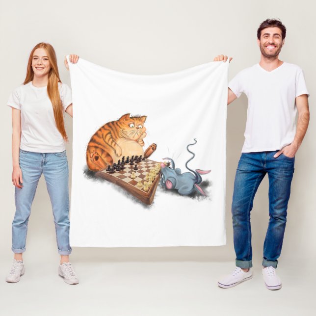 Cobertor De Velo Gato e Rato Jogando Xadrez em Branco (In Situ)
