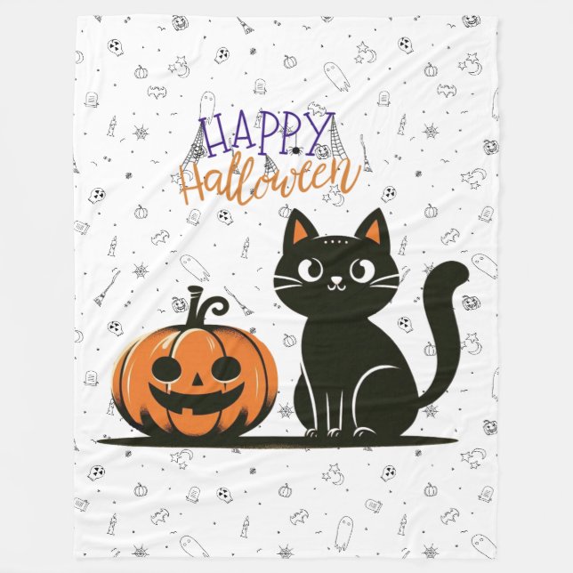 Cobertor De Velo Gato feliz de Halloween & abóbora (Frente)