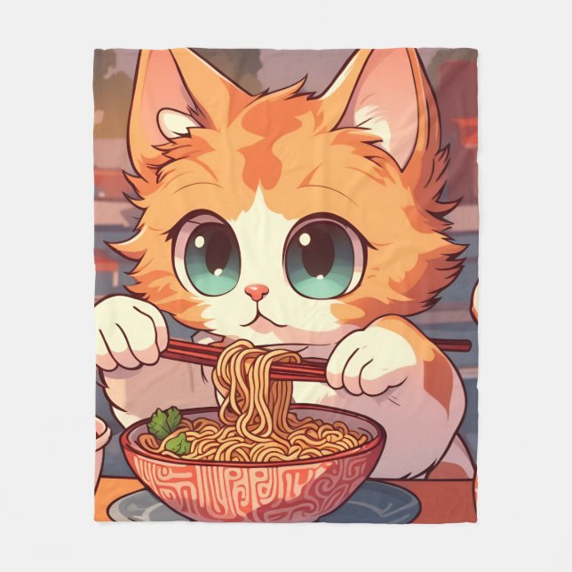 Cobertor De Velo Gato Fofo Comendo Macarrão Ramen (Frente)