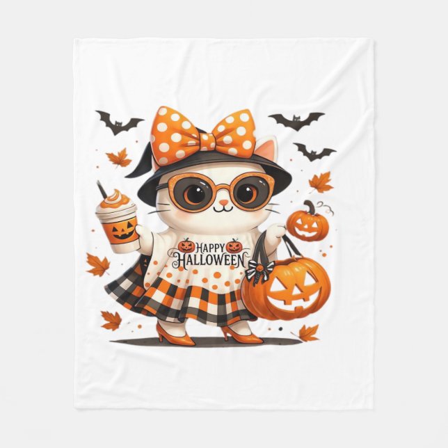 Cobertor De Velo Gato fofo de Halloween � Kawaii Witch Kitty com ab (Frente)