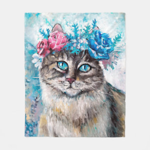 Cobertor De Velo Gato na pintura de óleo de coroa floral na canvas.