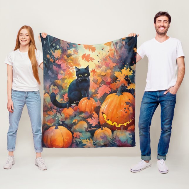 Cobertor De Velo Gato Negro Halloween Com Abóboras Assustados (In Situ)
