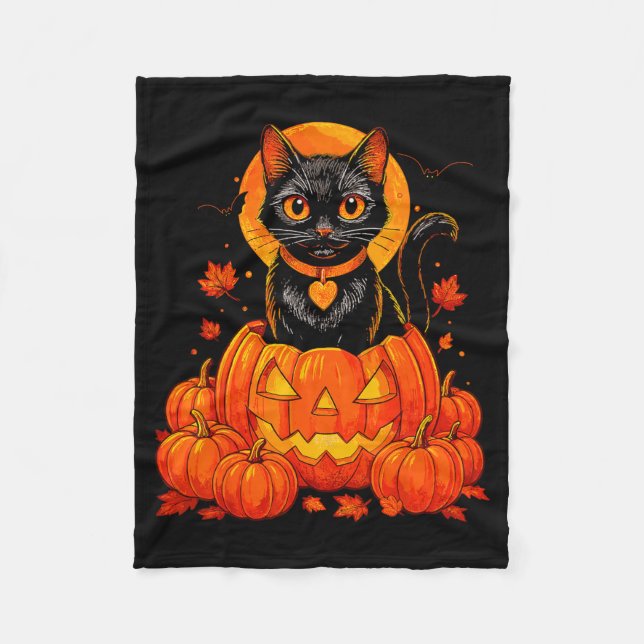 Cobertor De Velo Gato Preto Abóbora Lua Halloween Outono (Frente)
