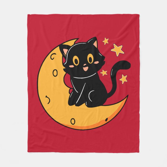 Cobertor De Velo Gato preto bonito sentado na lua (Frente)