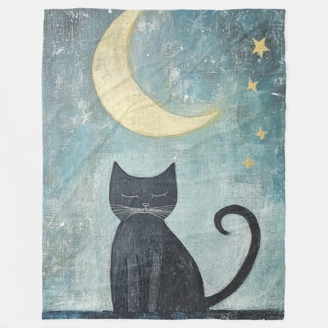 Cobertor De Velo Gato Preto Dormindo com Lua Crescente e Estrelas (Frente)