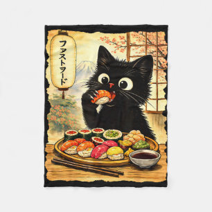 Cobertor De Velo Gato preto fofo comendo sushi comida japonesa kawa