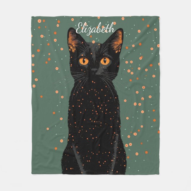 Cobertor De Velo Gato Preto Místico com Olhos Laranja e Brilho (Frente)